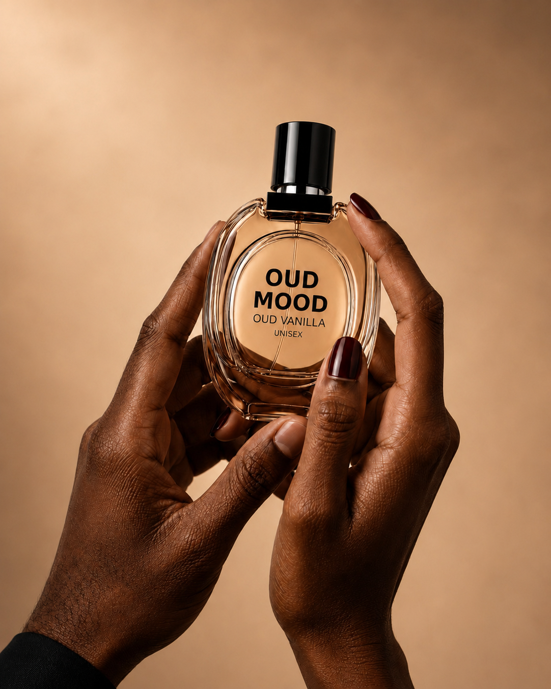 VYBE Cosmetics OUD MOOD oud vanilla unisex fragrance bottle held in hands